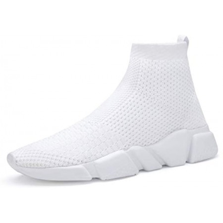 Men's Running Shoes Breathable Knit Slip On Sneakers Lightweight Athletic Shoes Casual Sports Shoes High Top White