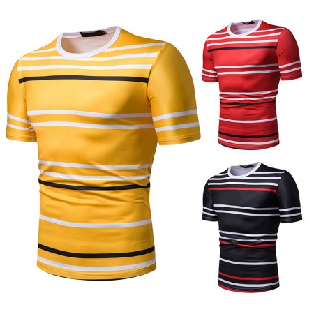 Summer Men's Short-Sleeved T-Shirt Mens Contrast Striped Slim Casual T-Shirt