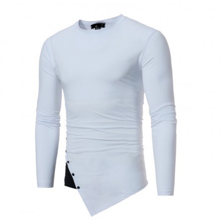 New Men's T-Shirt Clothing Long-Sleeved Irregular Hem Decorative Button Solid Color Long-Sleeved Cotton