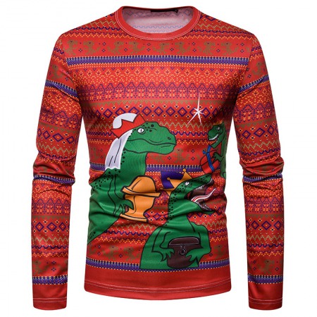 New 3D Personality Printing Fashion Men's Christmas Dinosaur Pattern Long-Sleeved T-Shirt