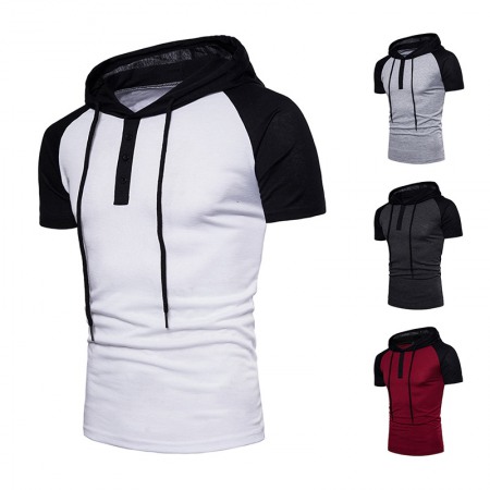 New Plus Size Raglan Sleeves Hooded Placket Color Matching Short-Sleeved Hooded T-Shirt