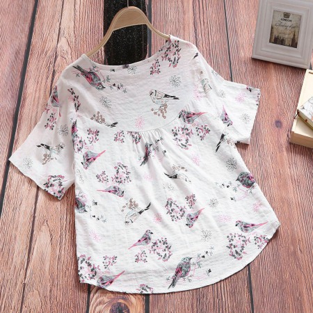 Retro Cotton and Linen Printed Short-Sleeved Casual Loose T-Shirt Women